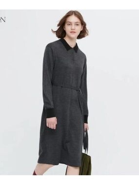 JW ANDERSON Charcoal Knit Polo-Collar Long Sleeve Dress with Black Accents SzM